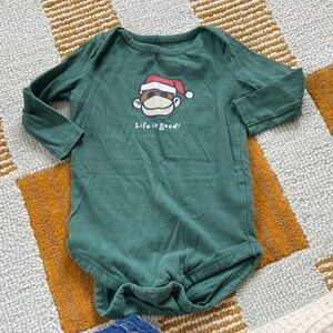 Life is Good Cool Monkey in Santa Hat Dark green bodysuit 12-18m